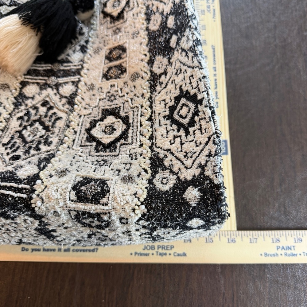 America & Beyond Bohemian Black and Cream Jacquard Beaded Tote Bag with Tassel - Picture 2 of 9